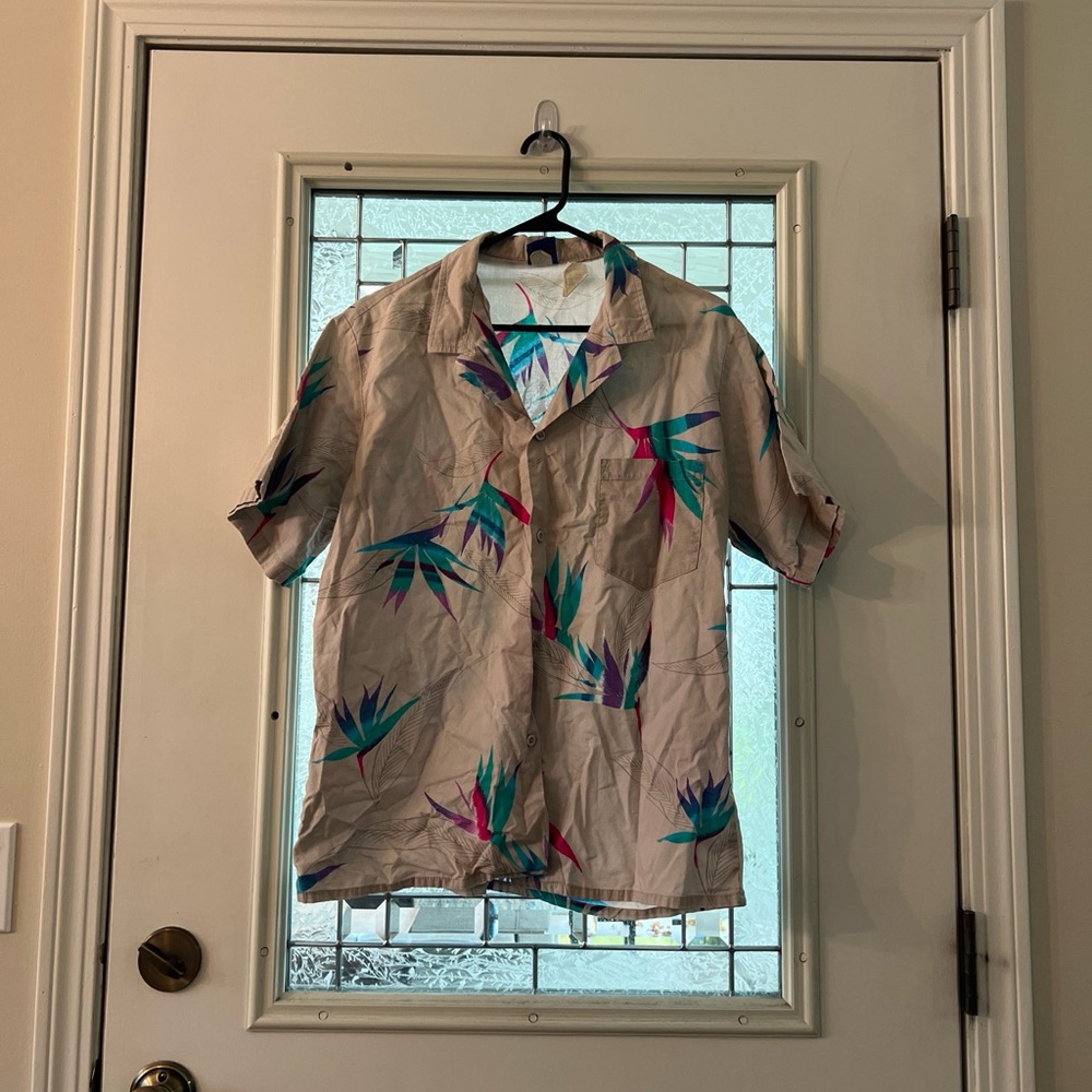 Vintage Ocean Pacific OP Mens Hawaiian Shirt Large Beige Birds Of Paradise Teal